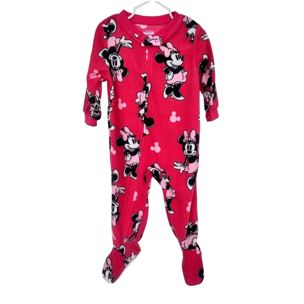 Disney Minnie Mouse Footed Pajamas Girls 18M Pink Cute Cozy Fleece Zip Up NEW